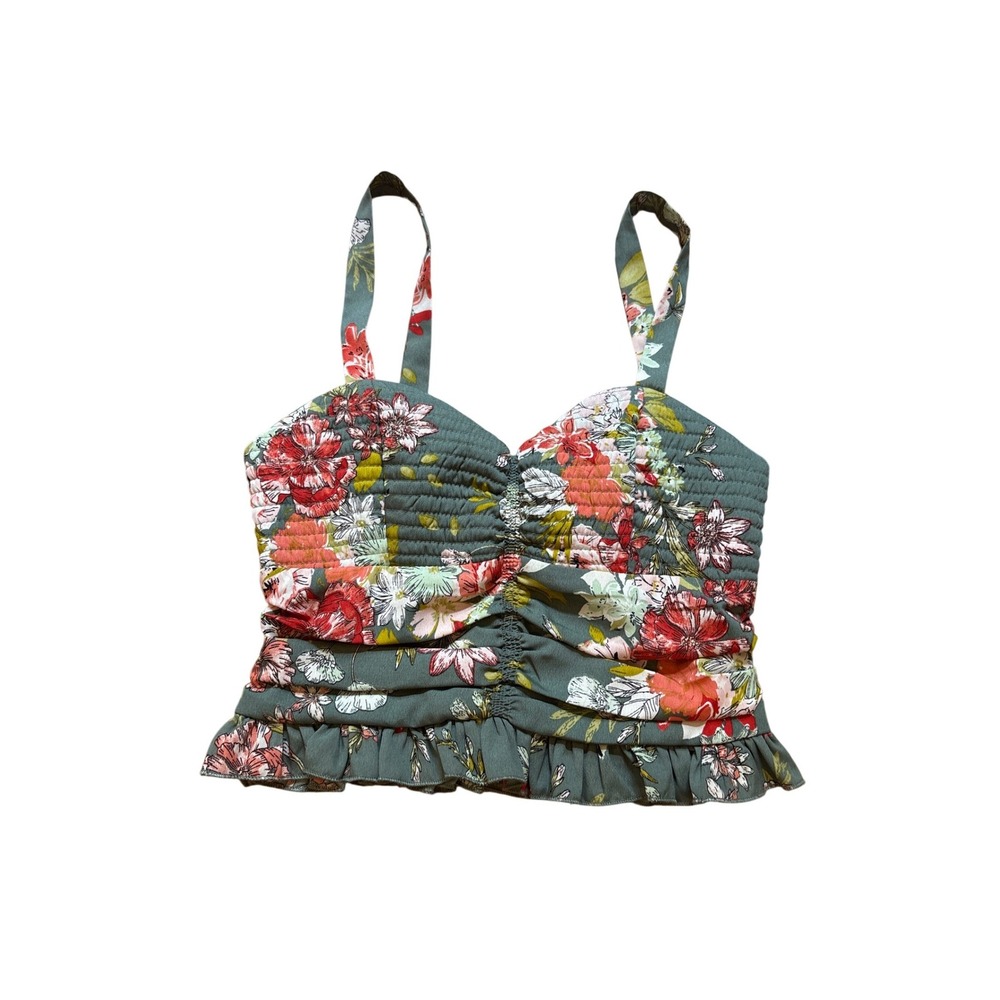 BOG Collective Crop Top Women Green Floral Smocked Ruched Boho SIZE Small
